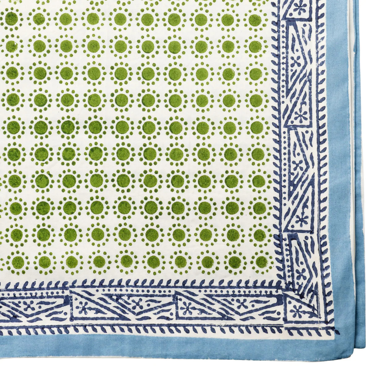 Green Dot Block Print Luxury Cotton Tablecloth With Blue Trim | The Well Appointed House, LLC