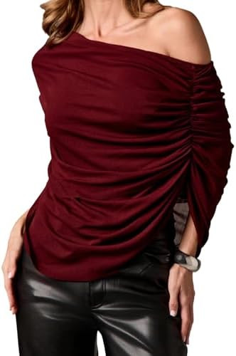 Milumia Women's Off The Shoulder Ruched Mesh Top Draped Asymmetrical Short Sleeve T Shirts | Amazon (US)