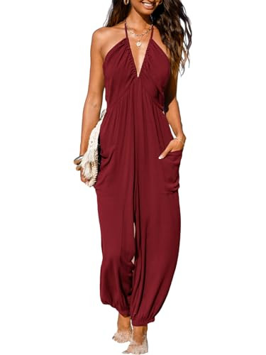 CUPSHE Women's Summer Jumpsuit Halter Sleeveless Pleated Long Romper Outfit Knit Jogger Maxi Overall with Pockets Burgundy, XXL | Amazon (US)