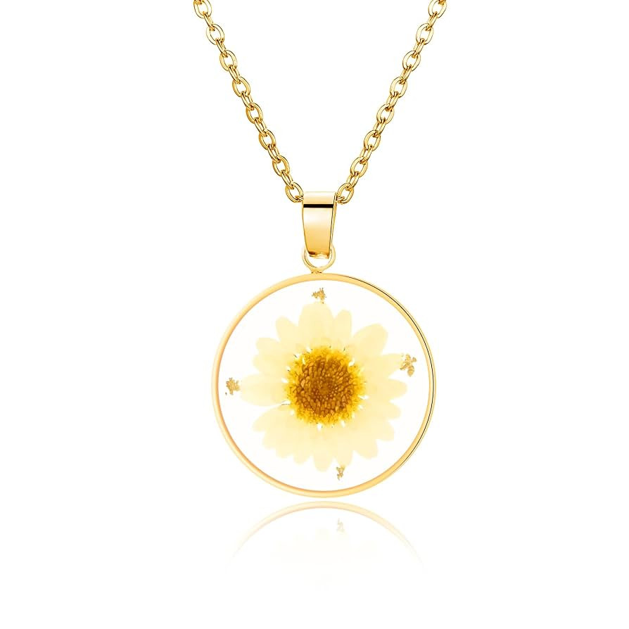 Daisy Pressed Flower Necklace,Personalized Gold Handmade Necklace,April Birth Flower Necklace for... | Amazon (US)