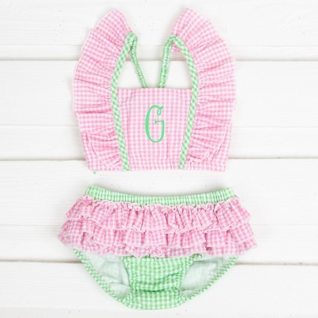 Ruffle Swimsuit Set Pink Seersucker Check | Classic Whimsy