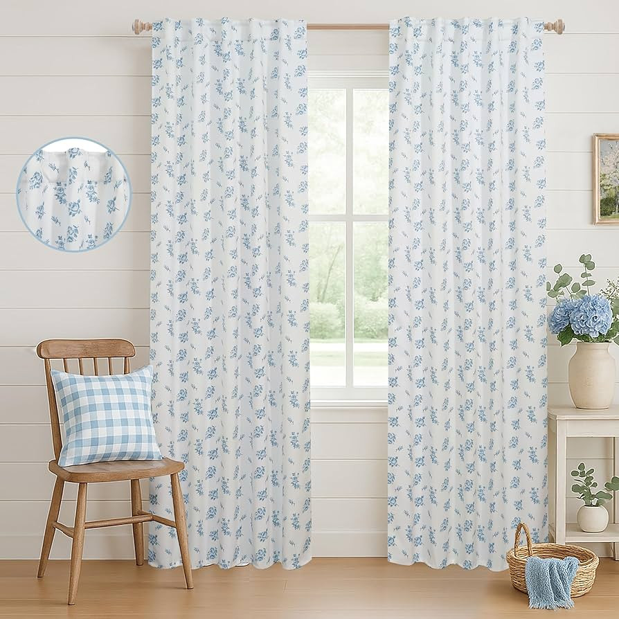 Lino Rosa Light Baby Blue and White Floral Nursery Blackout Curtains Girl & Boy, Shabby Chic Cott... | Amazon (US)