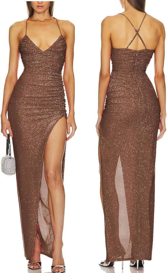 Capuffy Women's Spaghetti Straps Elegant Glitter V-Neck Cocktail Maxi Dress Thigh-High Slit Ruche... | Amazon (US)