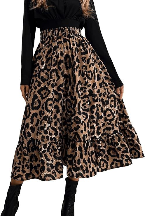SweatyRocks Women's High Elastic Waist Ruffle Hem Pleated A Line Midi Skirt | Amazon (US)