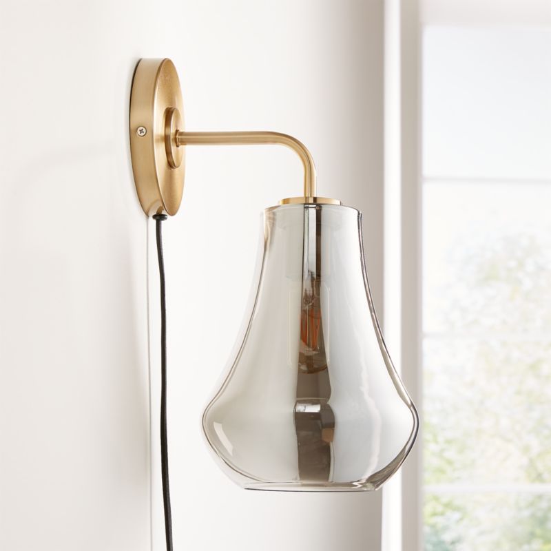 Arren Brass Plug In Wall Sconce Bathroom Vanity Light with Silver Teardrop Shade | Crate & Barrel | Crate & Barrel