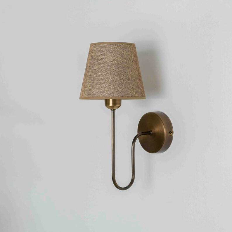 Brass Wall Lamp With Linen Shade, Plug-in Vintage Wall Sconce, Curved Arm Wall Lighting Fixture, ... | Etsy (US)