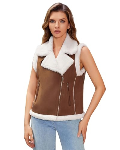 DIASHINY Women’s Fur Suede Vest Winter Warm Sherpa Leather Fur Lined Vest Brown M | Amazon (US)