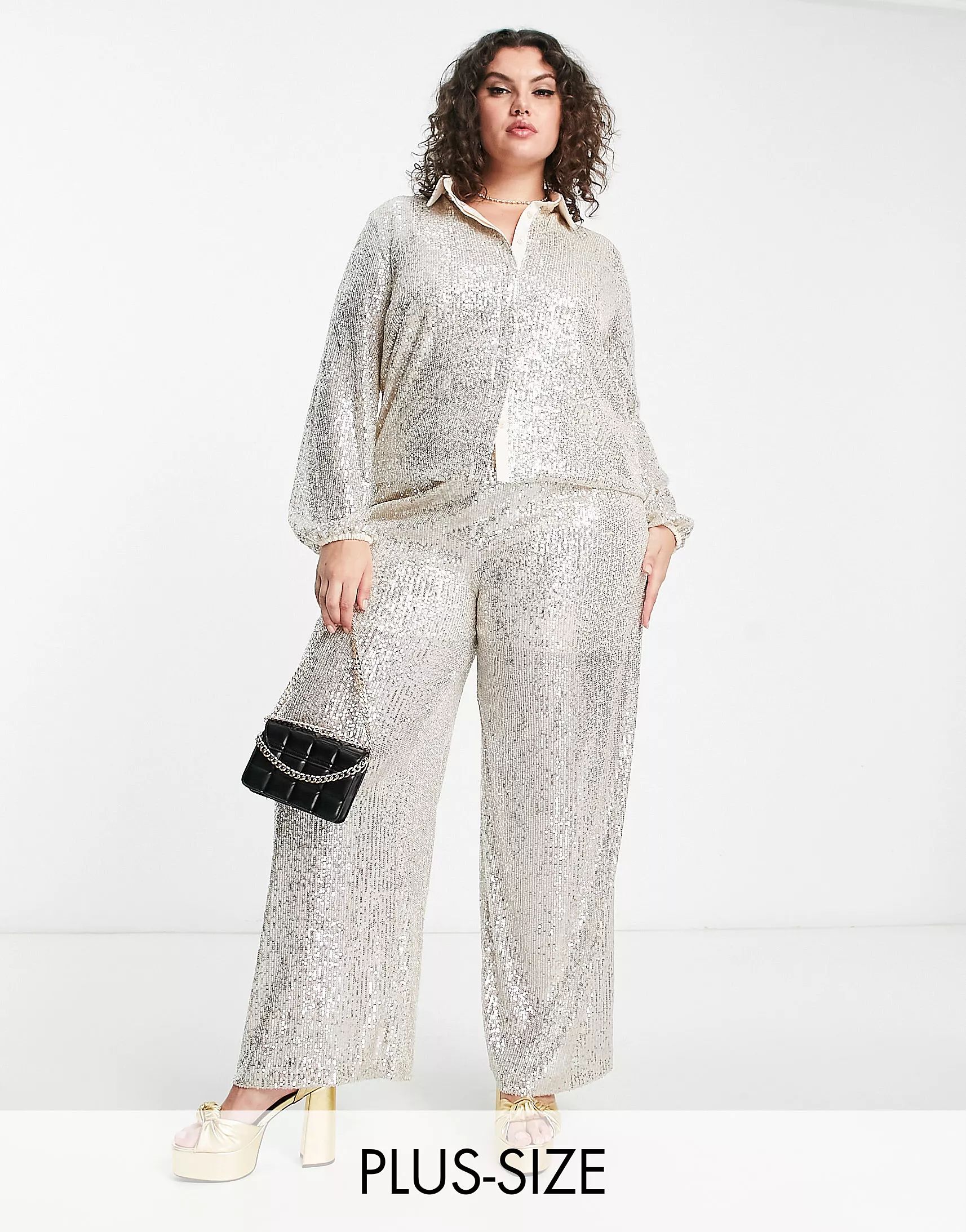 Flounce London Plus relaxed shirt in silver metallic sparkle co-ord | ASOS (Global)