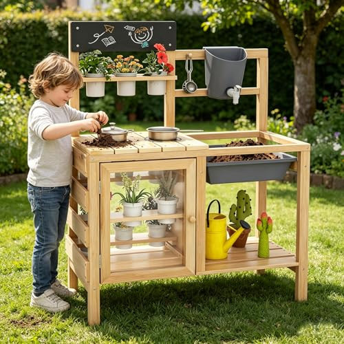 HONEY JOY Mud Kitchen, Fir Wood Outside Play Kitchen for Toddlers, Realistic Faucet & Water Tank, Stoves, Sink, Storage Shelf, 12 Planter Cups, Mud Table for Kids Outdoor Backyard | Amazon (US)