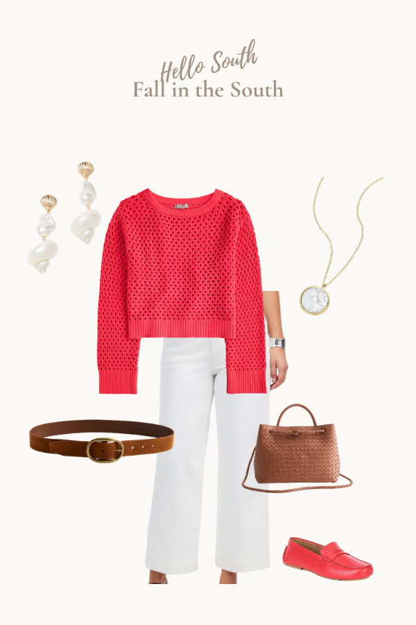 ✨Fall in the South style✨ Lightweight layers are a must down here! I paired classic white jeans with a coral knit sweater for an easy transitional look. Styled with coral loafers, a woven leather tote bag, and a brown belt for a touch of Southern chic. Accessories include a shell pendant necklace and shell pearl drop earrings, perfect for adding a little coastal charm to your outfit. 🍂

How to wear white jeans after Labor Day!  

 #LTKxMadewell #LTKOver40 #LTKStyleTip