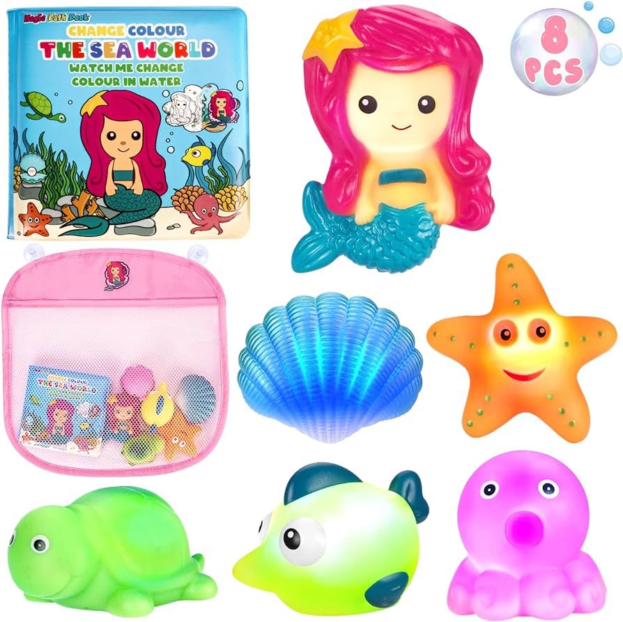 Light Up Bath Toys for Toddlers Kids Girls Baby, No Hole Glow Bath Toys with Bath Book & Organize... | Amazon (US)