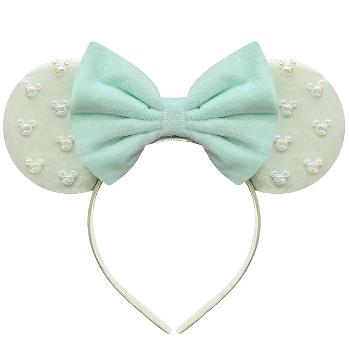 Trnerm Mint Green Fuzzy Mouse Ears Headband for Women, Cute Beads Headband with Bows，Halloween ... | Amazon (US)