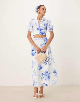 Nobody's Child Madalena a-line midi skirt co-ord in blue and white | ASOS (Global)