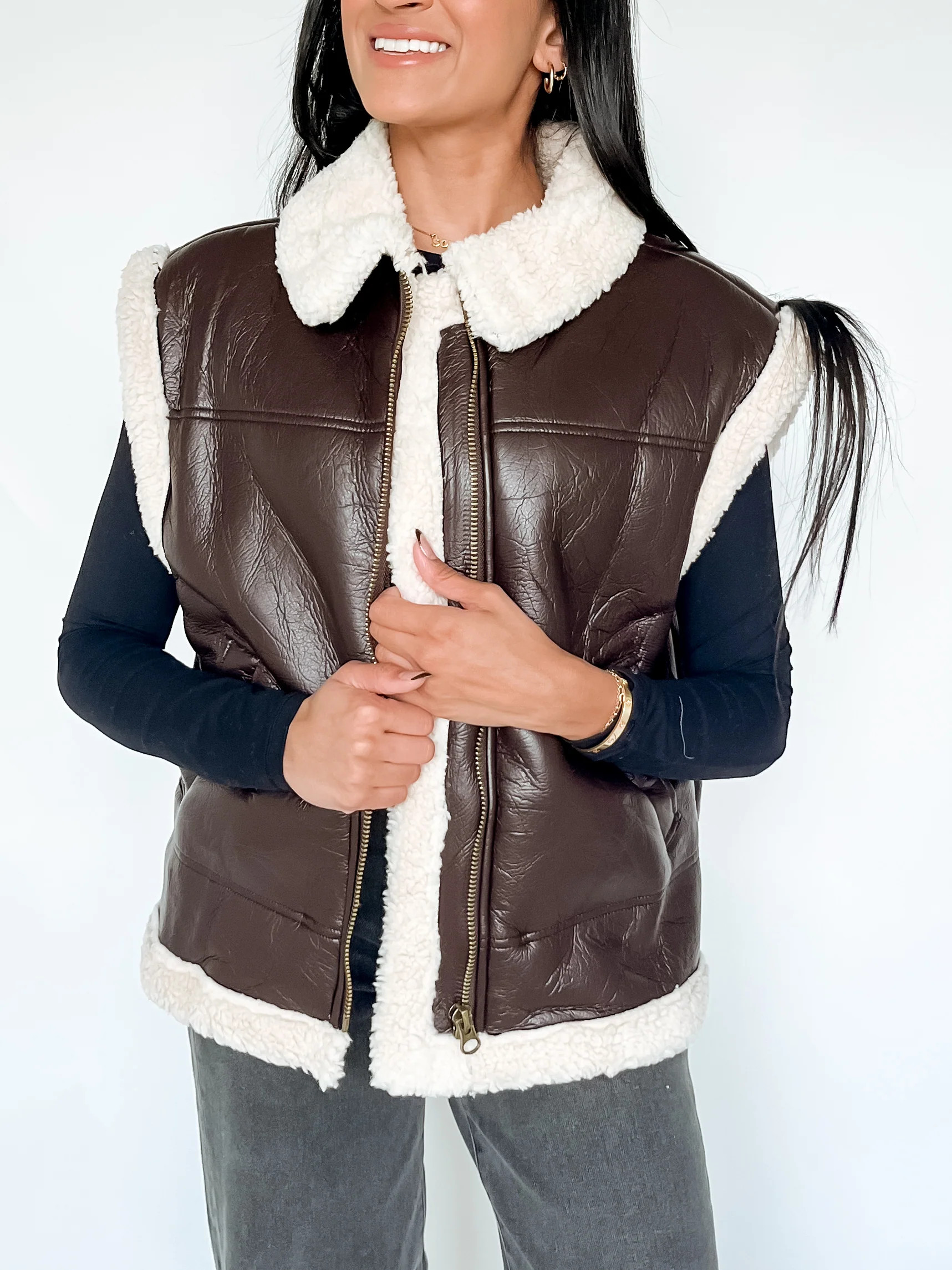 FAUX LEATHER SHEARLING VEST | Harper's Den
