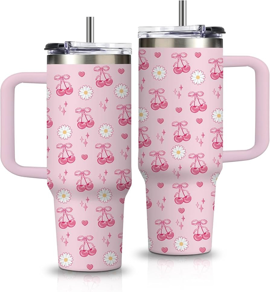 Pink Bow Cherry Gifts for Women Girls - 30oz Bowknot Cherries Tumbler with Handle and Straws Stai... | Amazon (US)