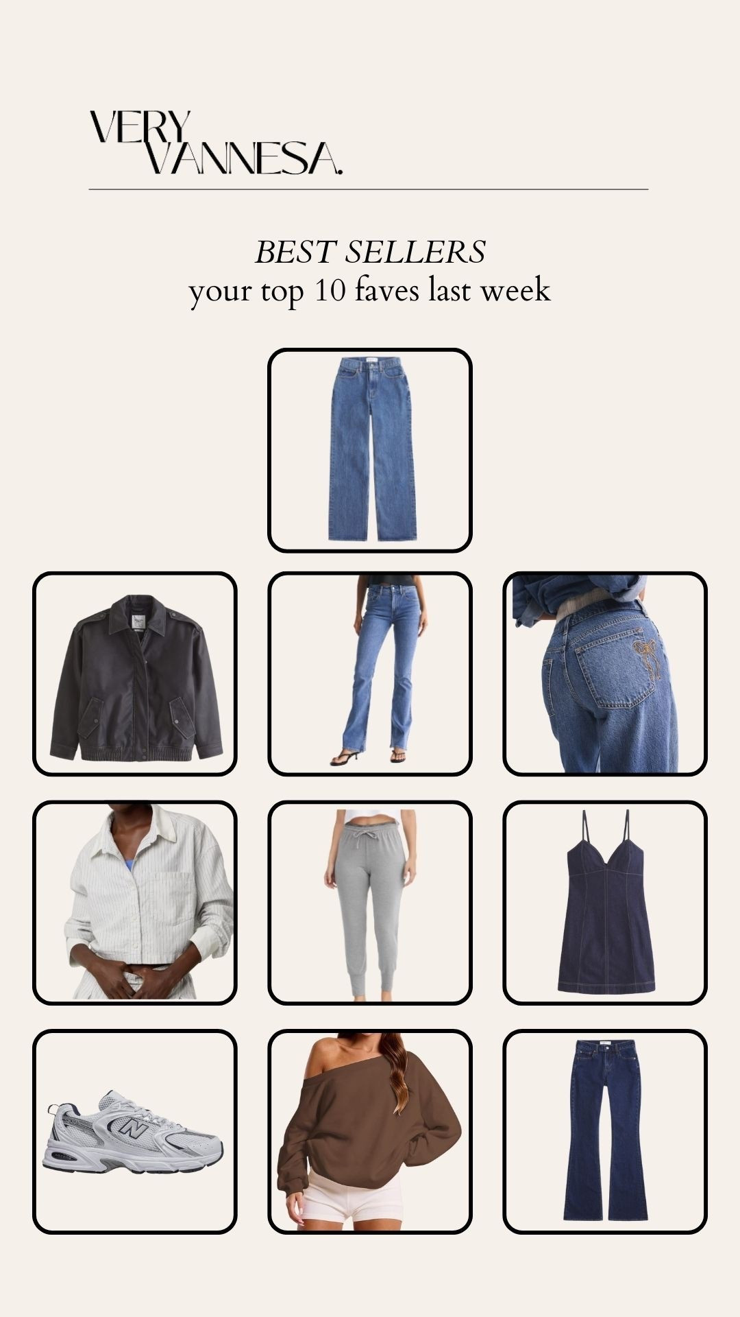 Your faves last week 
Abercrombie curve love jeans 
Faux leather jacket 
Bootcut jeans 
Cropped button down 
Grey joggers 
Denim sweetheart neckline dress 
New balance 530 sneakers 
Off the shoulder sweatshirt 
Dark wash denim 

#LTKSeasonal #LTKFindsUnder100 #LTKSaleAlert