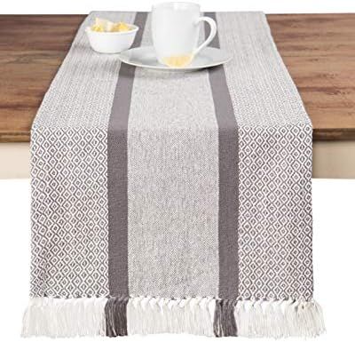 Sticky Toffee Cotton Woven Table Runner with Fringe, Traditional Diamond, Gray, 14 in x 72 in | Amazon (US)