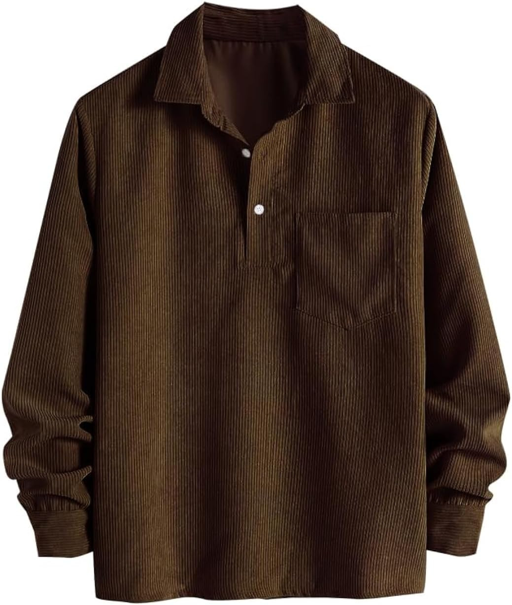ZAFUL Men's Corduroy Shirts Solid Color 2025 Fall Half Button Long Sleeves Polo Shirt Casual Work Collared Shirt with Pocket | Amazon (US)