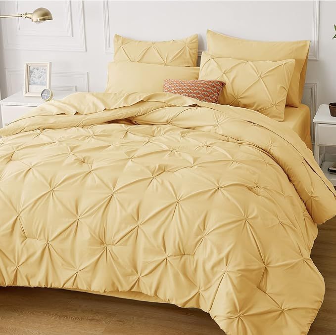 Bedsure King Size Comforter Set - Bedding Set King 7 Pieces, Pintuck Bed in a Bag Yellow Bed Set ... | Amazon (US)