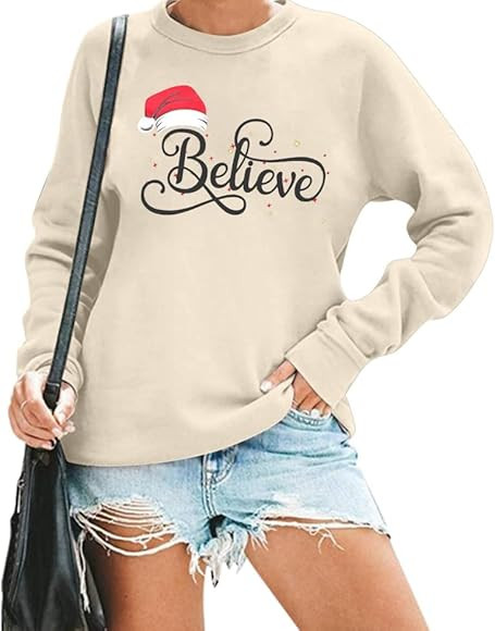 Believe Sweatshirt Women Christmas Funny Graphic Lightweight Blouse Xmas Hat Holiday Cute Tee Tops | Amazon (US)
