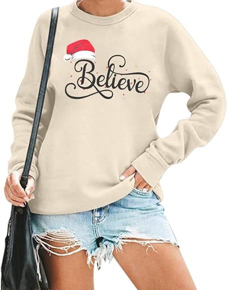 Believe Sweatshirt Women Christmas Funny Graphic Lightweight Blouse Xmas Hat Holiday Cute Tee Tops | Amazon (US)