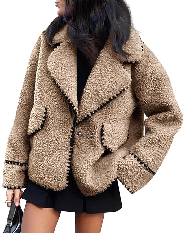 Cicy Bell Womens Sherpa Fleece Jacket Casual Collar V Neck Fuzzy Coats Contrast Trims Open Front ... | Amazon (US)