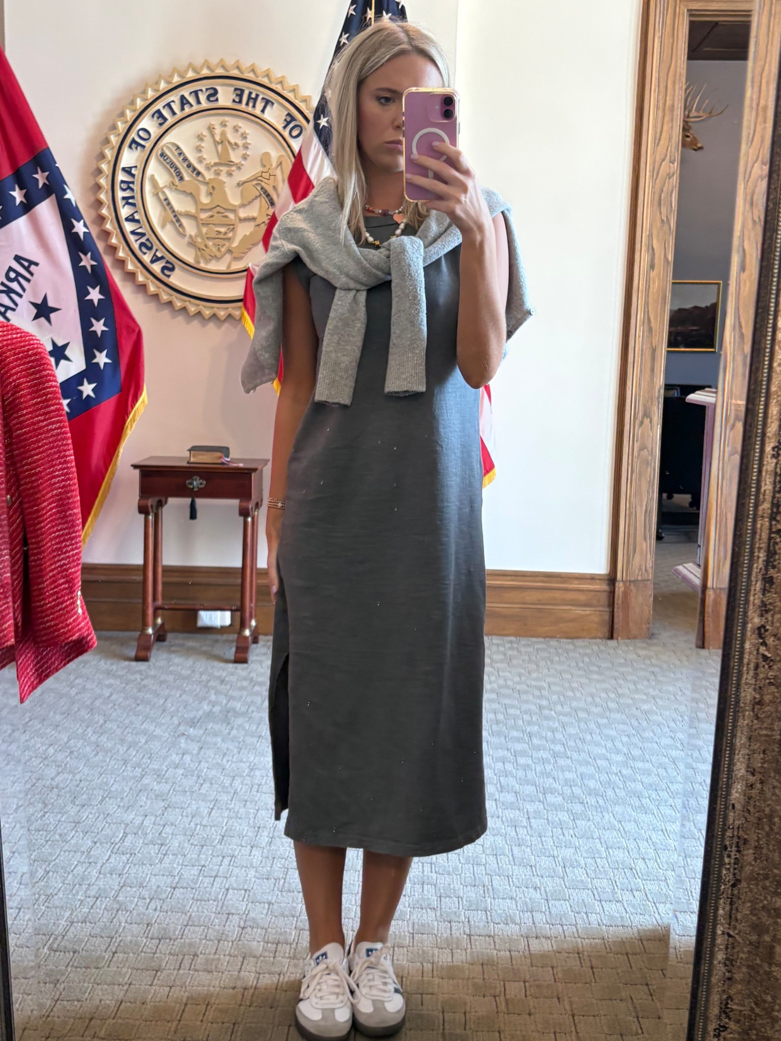Staple gray sleeveless t shirt dress from Gap forever ago (linked similar options) 
Pair with neutral sweaters + 
sneakers everyyy time 

#LTKWorkwear #LTKSummerEdit #LTKFindsUnder100