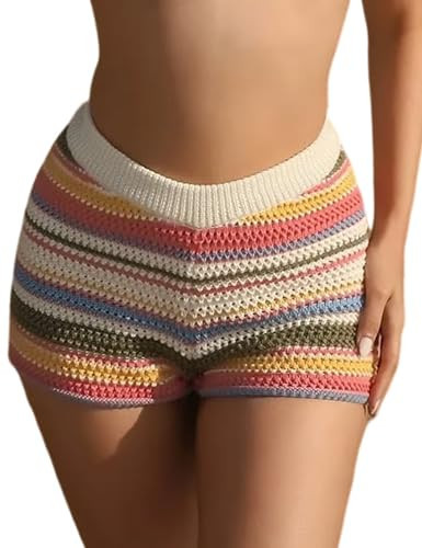 VDWIP Women’s Y2K Striped Knit Shorts High Waisted Short Lounge Summer Elastic Rainbow Color Block Sweater Shorts(Orange-S) | Amazon (US)