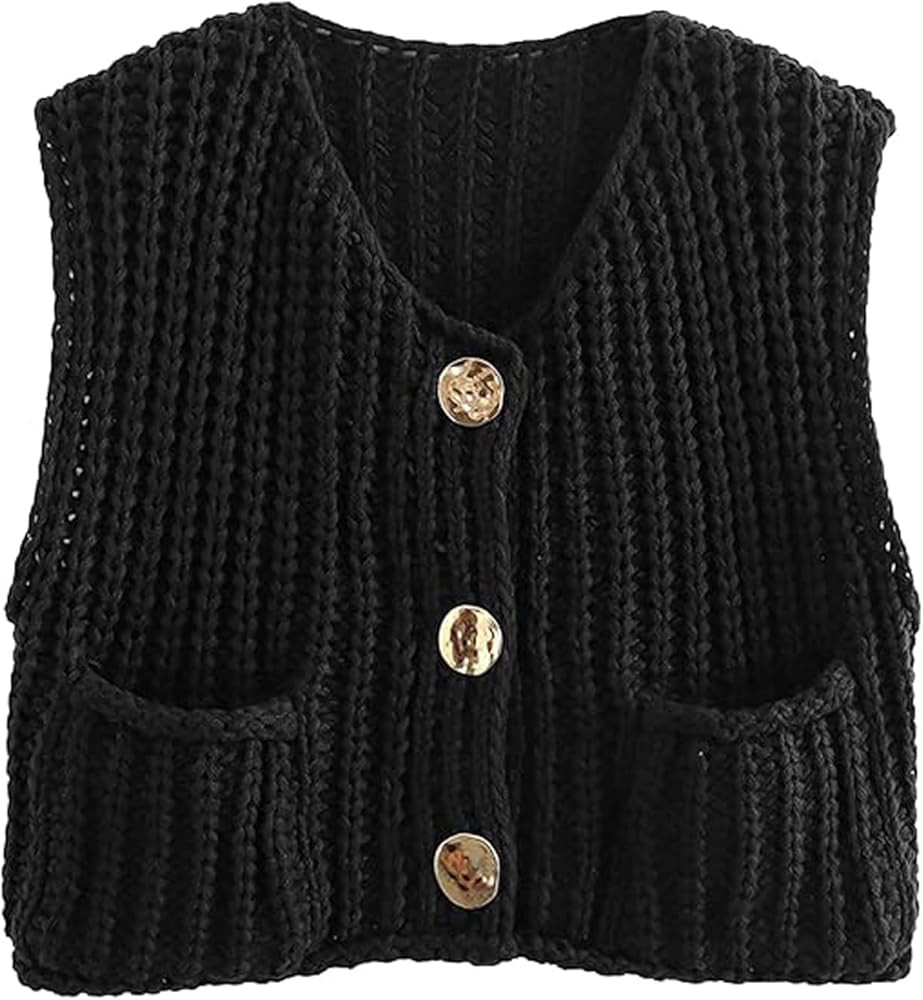 Women's Chunky Knit Vest Y2K Sleeveless V Neck Button Down Crop Crochet Knit Vest Top Waistcoats ... | Amazon (UK)