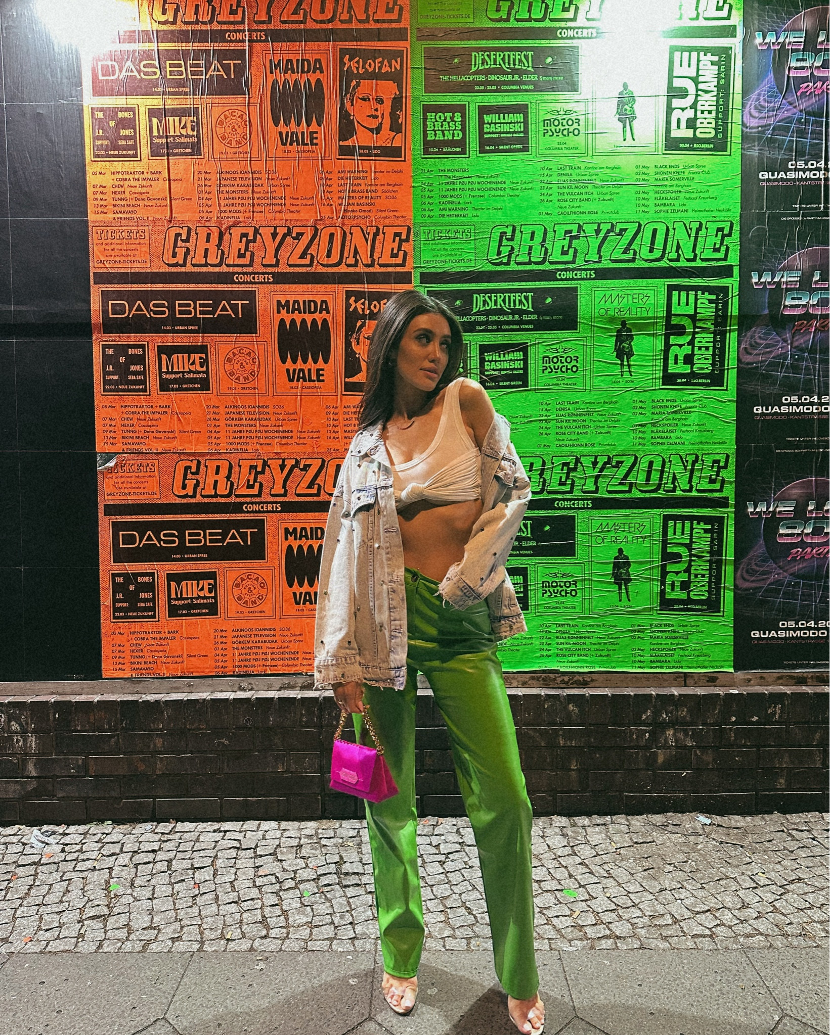 Night out in Berlin- dinner and the club 

Green pants outfit, High waist green trousers, White crop top with twist front, Asymmetrical crop top, colorful pants for women, Bright green pants street style, Statement pants outfit, Summer night out outfit, Edgy denim jacket women, Ripped denim jacket oversized, Trendy party outfit 2025, Going out outfit ideas, Neon green pants outfit, Small pink handbag, Mini purse pink, gold heel sandals, Clear strap heels, Night out fashion women, Y2K inspired outfit, Fashion blogger outfit ideas, Colorful street style, Stylish crop top and pants, Festival outfit inspiration, Bright pants outfit for women, Club outfit for women, Fashionable spring outfit, Trendy city outfit, Berlin outfit, Berlin style, spring outfit, Street style fashion 2025

#LTKItBag #LTKParties #LTKStyleTip