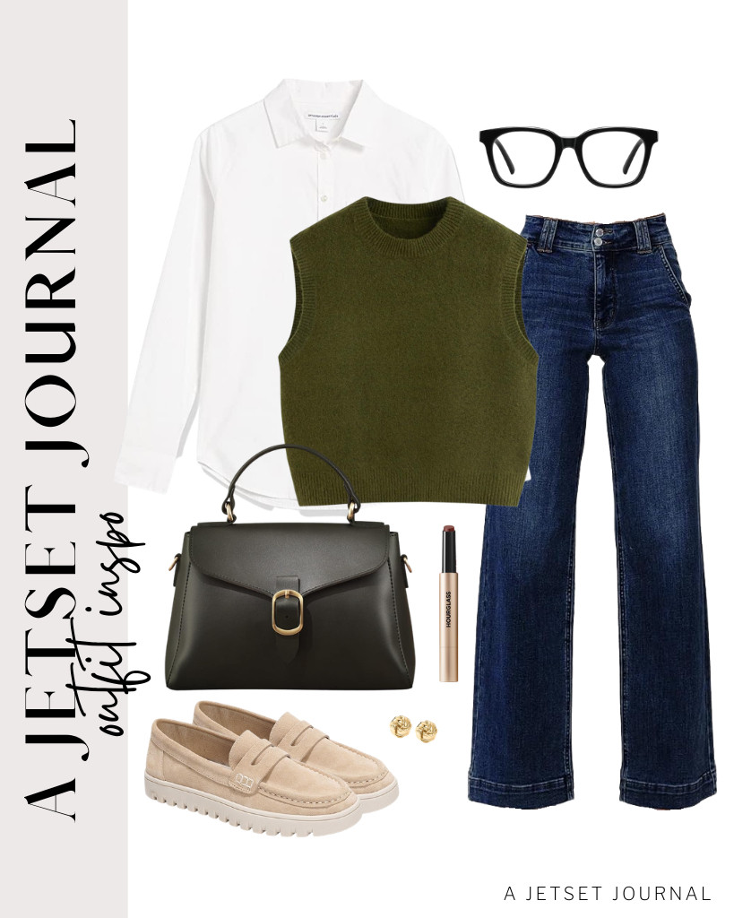 Wear this olive green CIDER sweater vest over this simple button-down shirt for another cute look. Pair it with wide-leg jeans from Astylish and Project Cloud slip-on loafers. Finish the outfit with these love-knot stud earrings and these blue light-blocking glasses. 

 #LTKSeasonal #LTKSaleAlert #LTKTravel