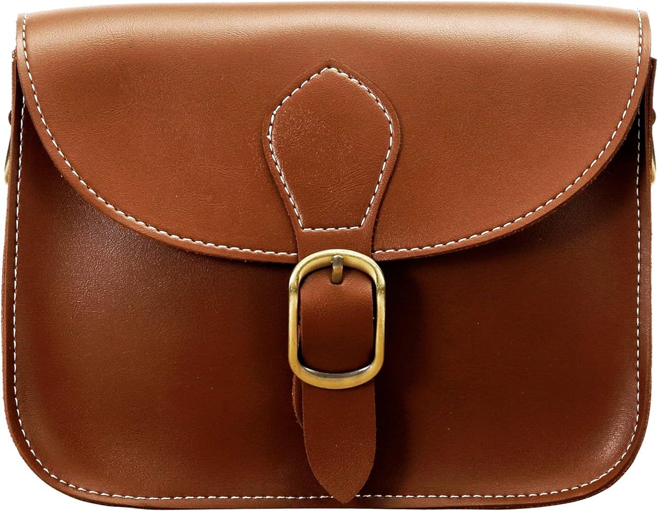 Amazon.com: Brown Crossbody Saddle Vegan Leather Bag Small Retro Satchel For Women Vintage Simple... | Amazon (US)