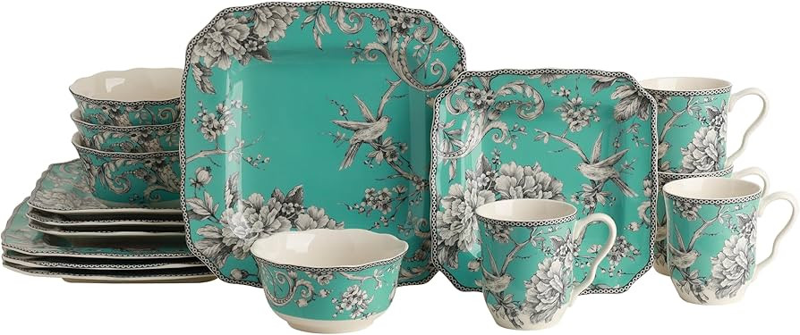 222 Fifth Adelaide Turquoise 16-Piece Porcelain Dinnerware Set | Microwave and Dishwasher Safe Di... | Amazon (US)