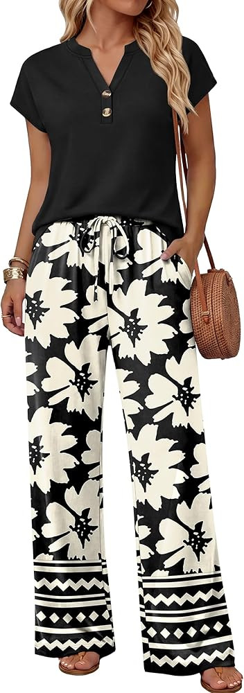 WIHOLL Two Piece Set for Women Summer Outfits Cruise Vacation Fashion Clothing Wide Leg Lounge Pa... | Amazon (US)