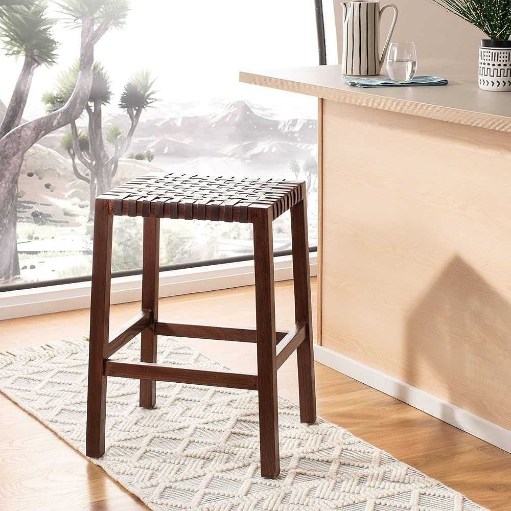 Safavieh Home Capri Wood and Leather 27-inch Counter Stool, 0, Brown/Brown | Amazon (US)