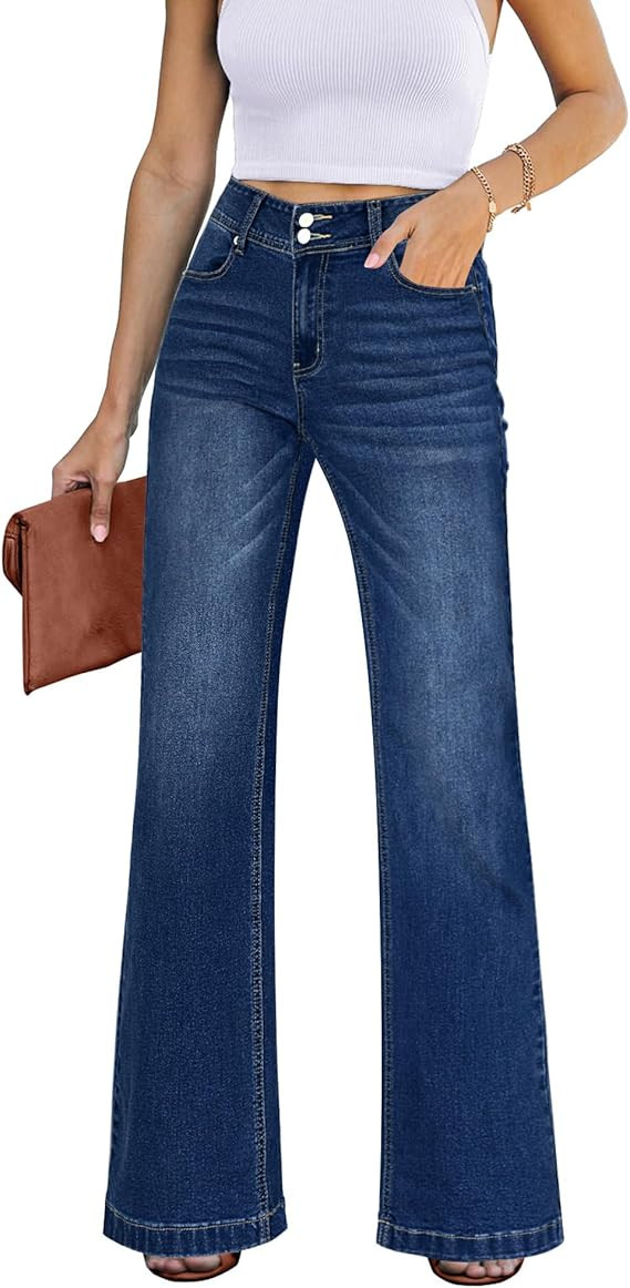 GRAPENT Wide Leg Jeans for Women Trendy High Waisted Flare Stretchy Denim Pants Baggy Dual Button... | Amazon (US)