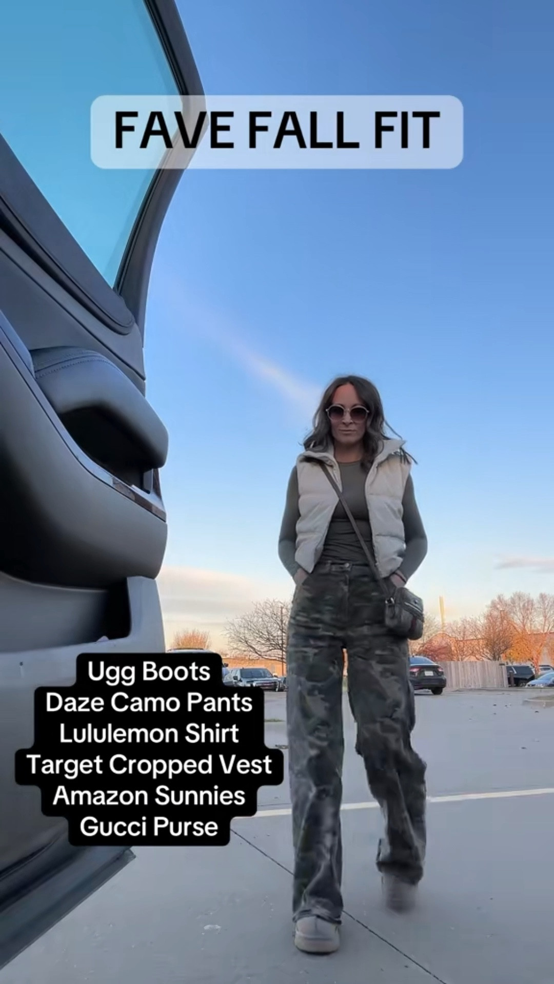 What a beautiful fall day! This is one of my favorite outfits for running around in. It’s cozy, comfy, and warm. The camo pants are the star of the show, but UGGs, I can never go wrong with. I find myself reaching for these almost every day because I can wear them with sweatpants, cute pants, like this, And even leggings. The top is super soft, a great base layer, and is a great layering piece. The vest is fine, lightweight, but add some dimension. Of course, round sunglasses are lovely. 

#LTKStyleTip #LTKSeasonal #LTKOver40