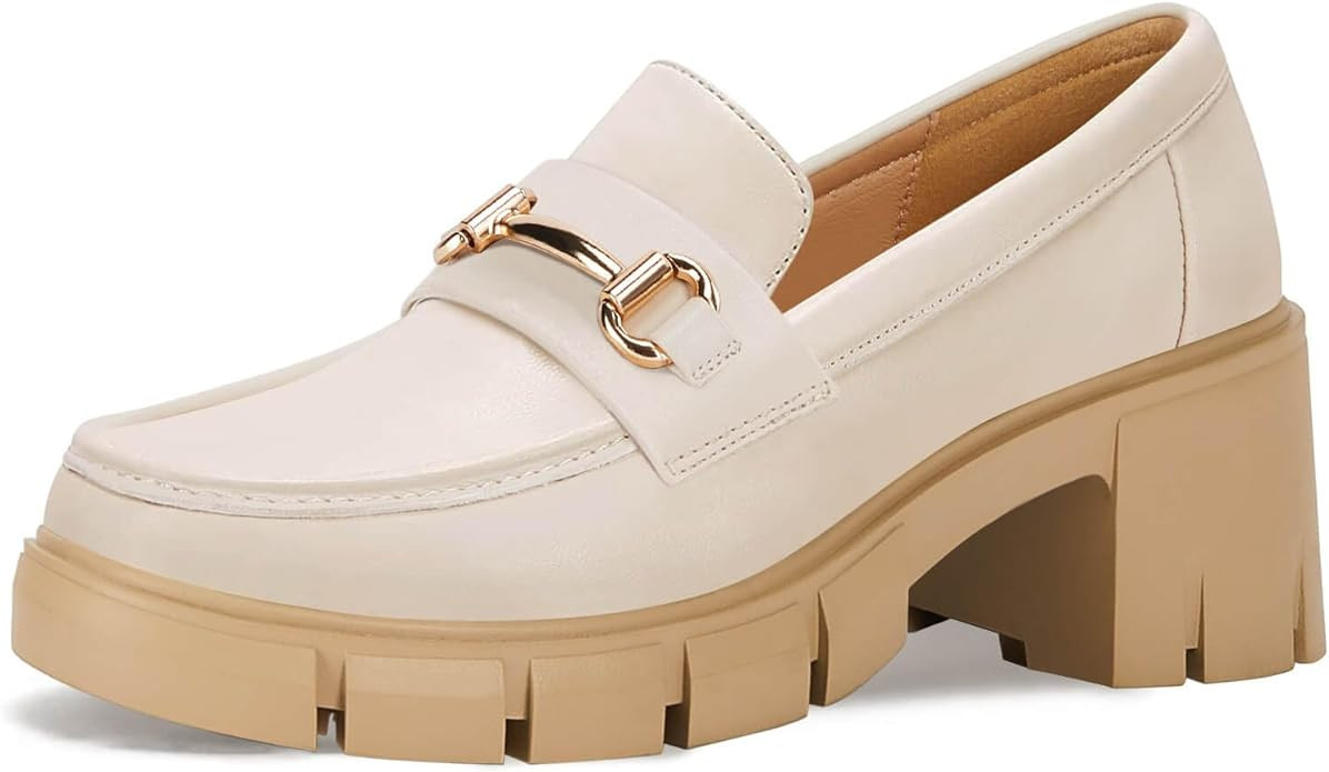 Coutgo Womens Chunky Platform Lug Sole Loafers Mid Heel Square Toe Dress Walking Work Shoes with ... | Amazon (US)