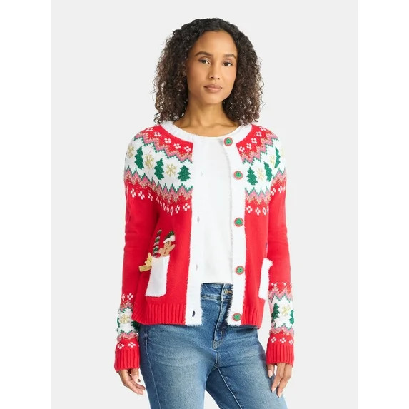 Women's Embellished Button Front Christmas Cardigan from Holiday Time, Sizes XS-XXXL | Walmart (US)
