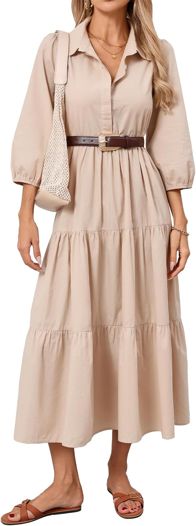 Women Button Down Maxi Shirt Dress Long Sleeve Flowy Tiered Collared Dresses with Pockets | Amazon (US)