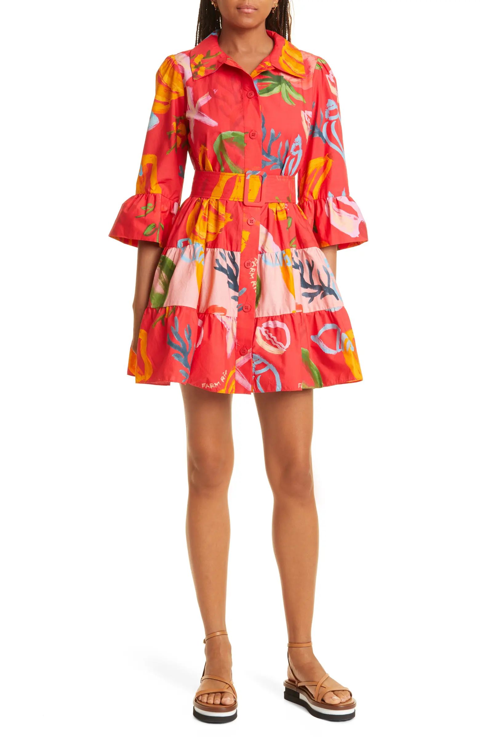 FARM Rio Mixed Fruits Ocean Belted Cotton Shirtdress | Nordstrom | Nordstrom