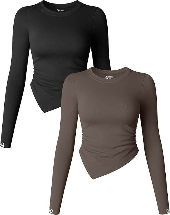 OQQ Women's 2 Piece Long Sleeve Crew Neck Ruched Stretch Fitted Underscrubs Layer Tee Shirts Tops | Amazon (US)