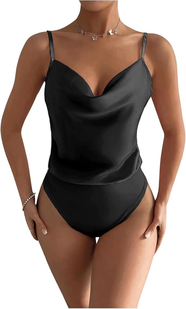 MakeMeChic Women's Draped Front Satin Bodysuit Sleeveless Spaghetti Strap Tank Tops Shirts | Amazon (US)