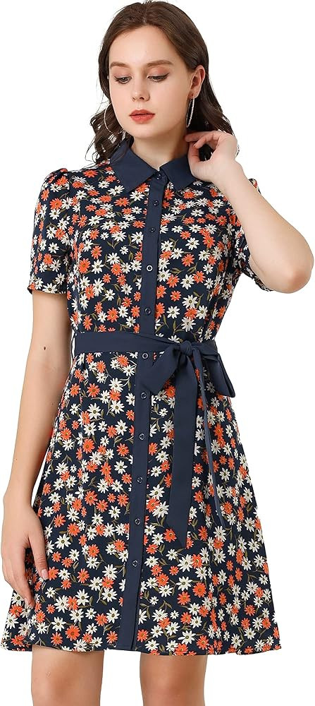 Allegra K Women's Short Sleeve Contrast Collar Belted Floral Shirt Dress | Amazon (US)