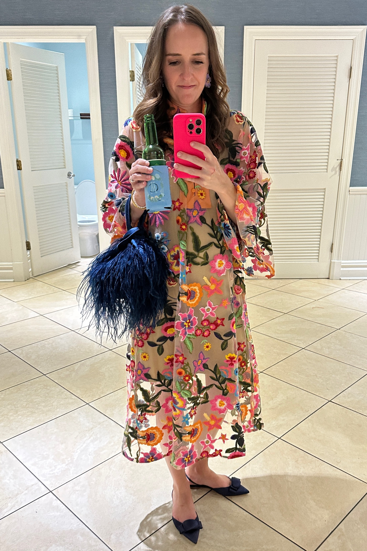This outfit was a fun one! I got approximately 27 compliments on this feather purse! Changed into these amazing flats before the reception and the colorful caftan was a hit. I got these flats in navy but would have done hot pink if I’d found these Tuckernuck ones earlier 🎉