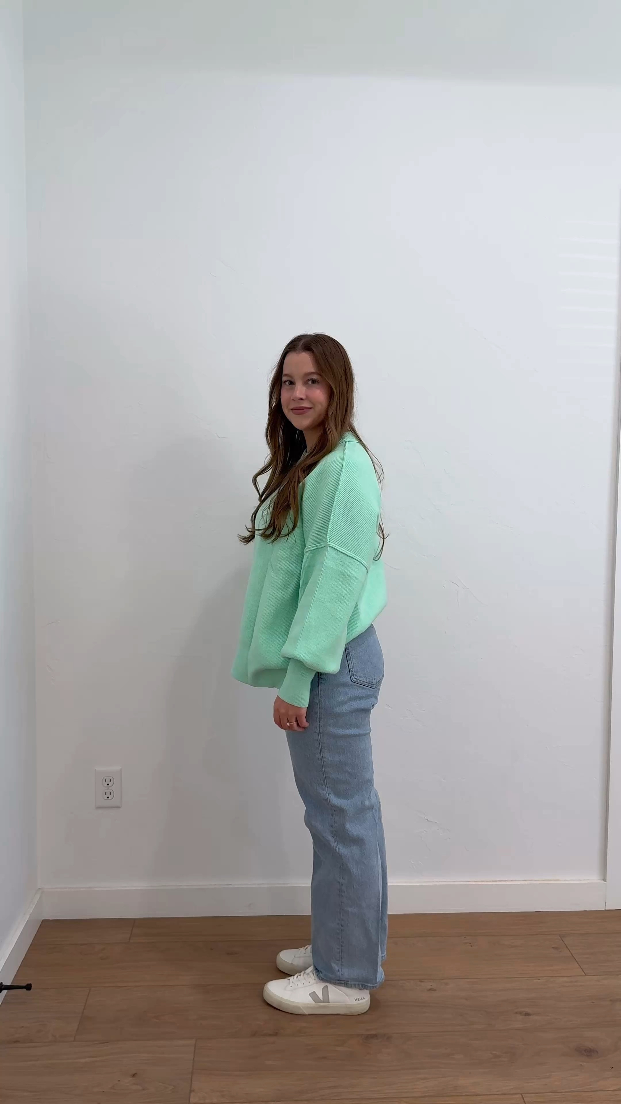 Ootd! Winter transitioning to Spring🩵💚
Wearing size medium in the sweater
Size 29 regular in the jeans 
Shoes are tts 

#LTKSeasonal #LTKMidsize #LTKSpring