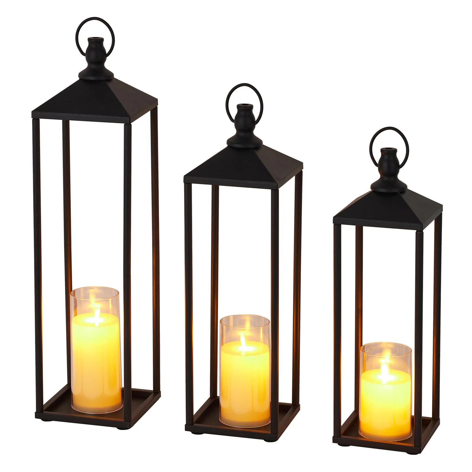 22" 19" 17" Lanterns Decorative Outdoor & Indoor, Set of 3 Modern Metal Black Lantern with Flamel... | Wayfair North America