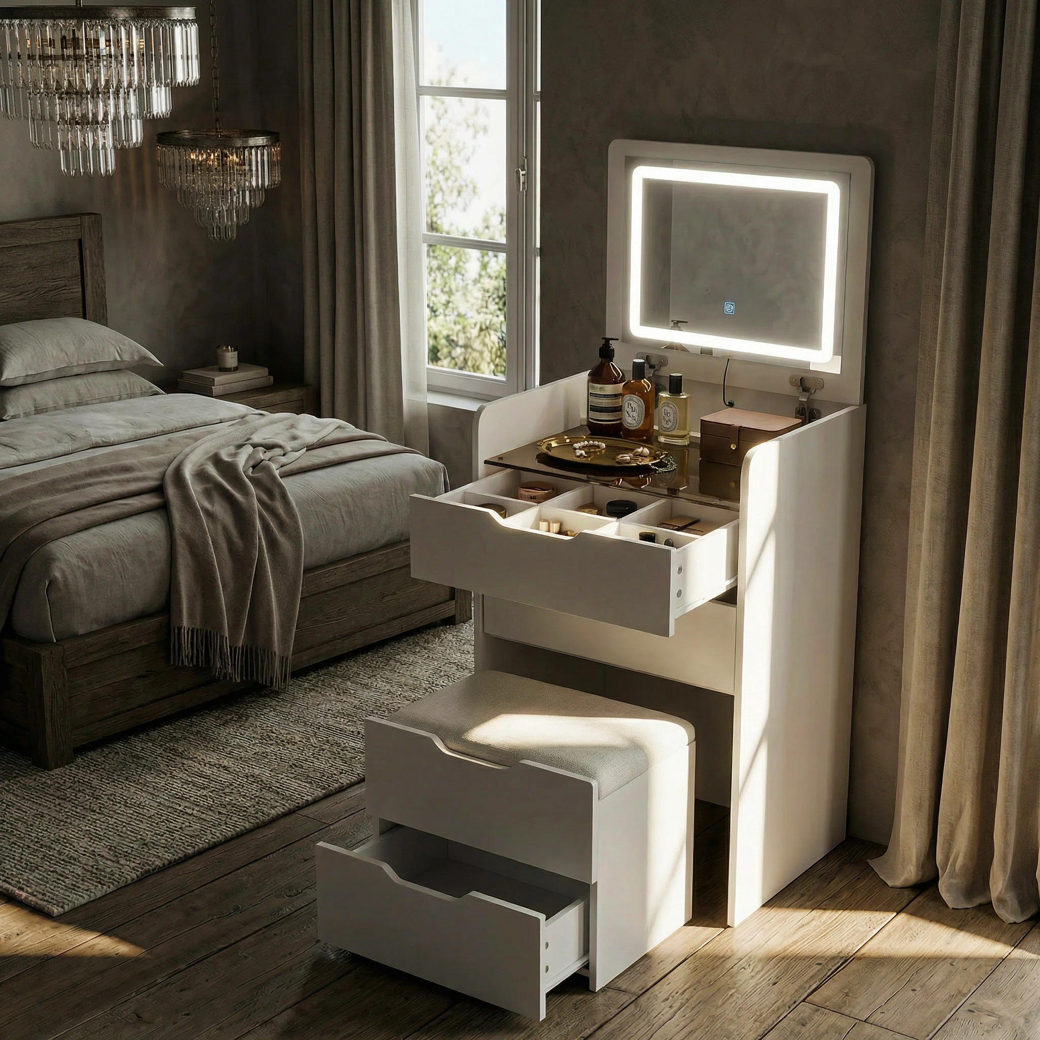3 In 1 Vanity Desk With Flip Top Mirror And Comfortable Bench | Wayfair North America