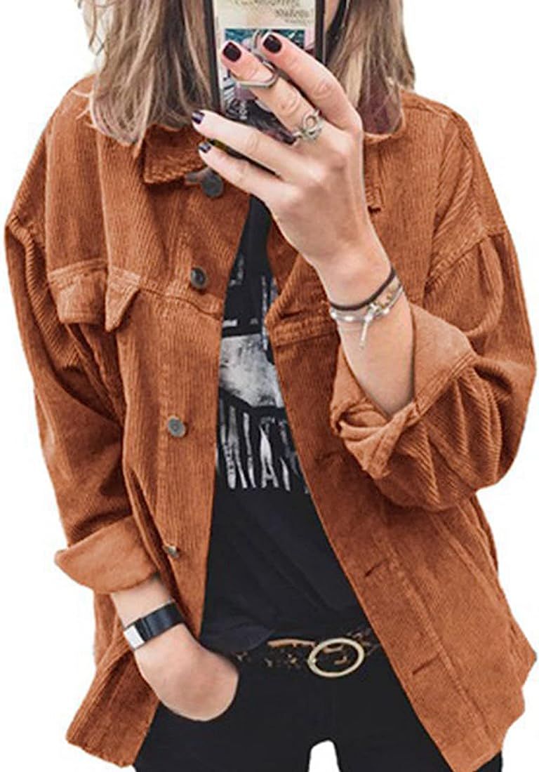 CCTOO Shacket Jacket Women Corduroy Shirt Oversized Long Sleeve Button Down Blouse Tops | Amazon (US)