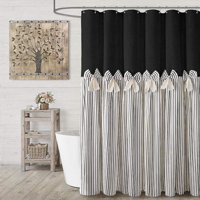 Farmhouse Shower Curtain Linen Blcak Bow Woven Fabric Country Rustic Western, Pleated Black Strip... | Amazon (US)